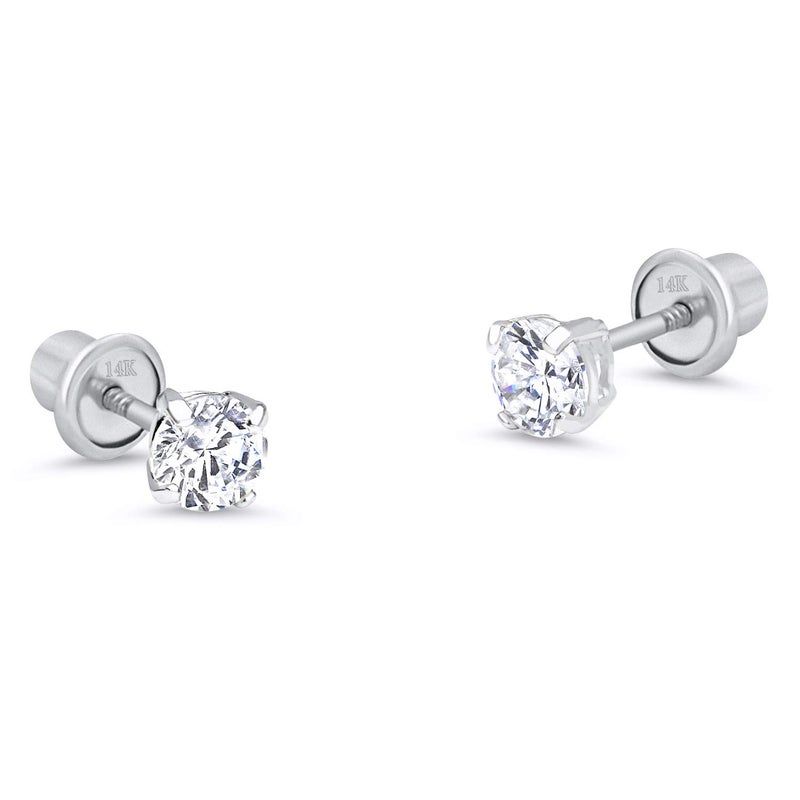 Lovearing 14k White Gold 6mm Basket Round Solitaire Screw Back Baby Girls Earrings - Image 1